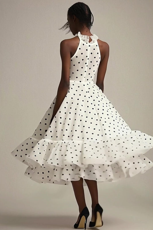 Tulle White and Black High Neck Tiered Maxi Polka Dot Dress with Ruffles