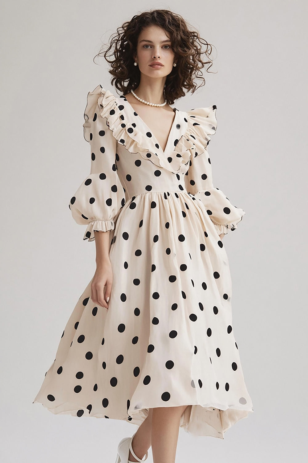 Zapakasa Women Black and White Chiffon Midi Boho Polka Dot Dress with Ruffles A Line V-Neck 3/4 Sleeves Summer Dress Zapakasa Women Black and White Chiffon Midi Boho Polka Dot Dress with Ruffles A Line V-Neck 3/4 Sleeves Summer Dress