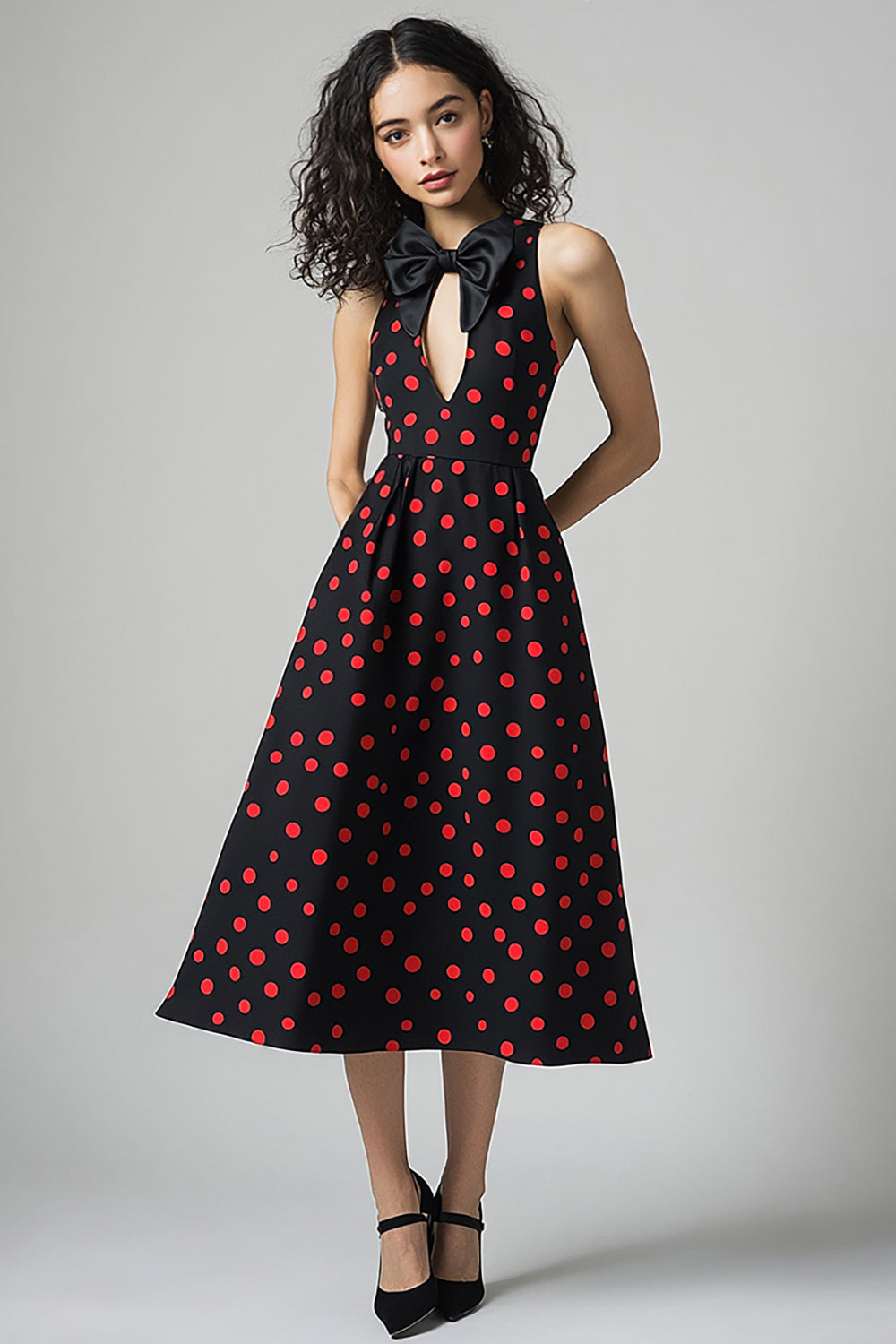 Zapakasa Women Black and Red Satin Midi Polka Dot Dress with Bow Halter A Line Vintage Party Dress Zapakasa Women Black and Red Satin Midi Polka Dot Dress with Bow Halter A Line Vintage Party Dress