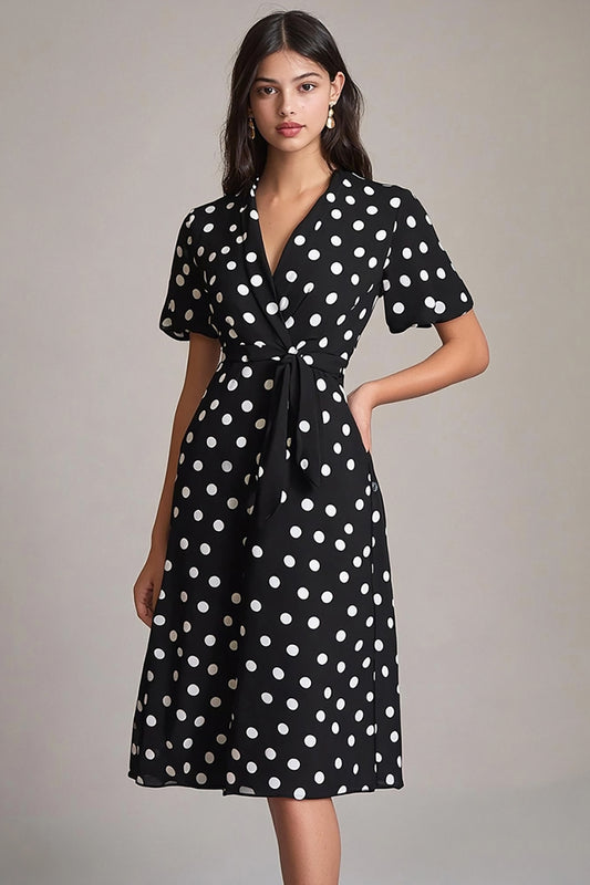 Satin Black and White Midi A Line Polka Dot Dress with Sleeves
