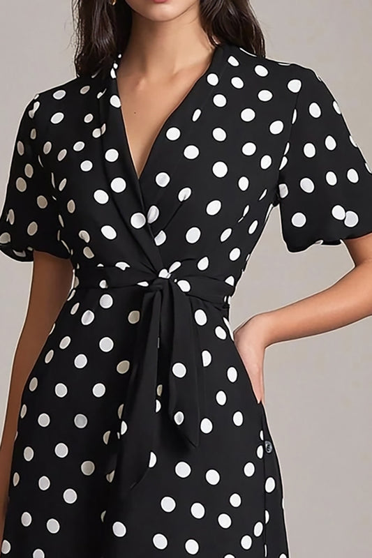 Satin Black and White Midi A Line Polka Dot Dress with Sleeves