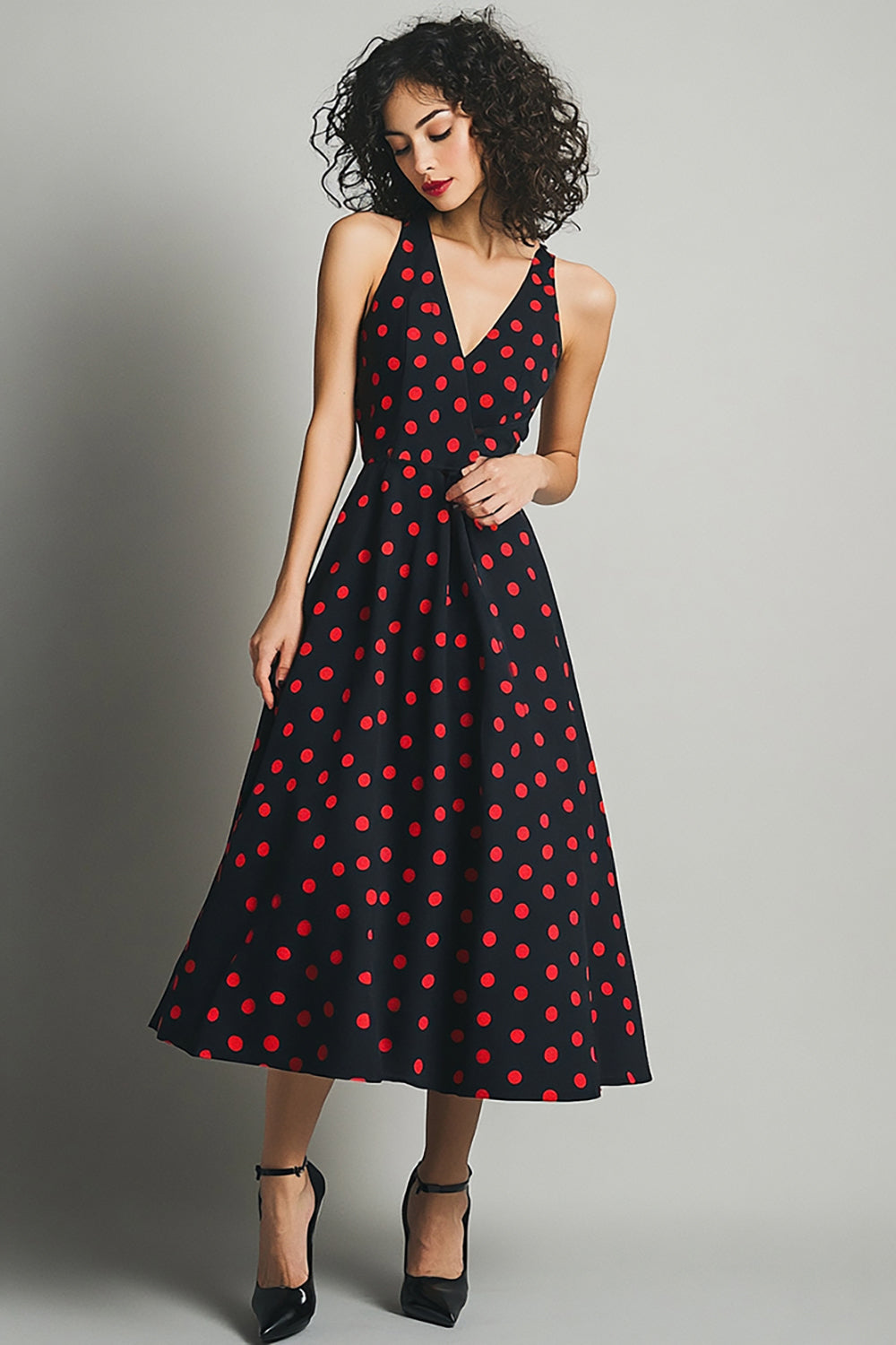 Zapaka Women Black Red Satin Maxi Polka Dots Dress A Line V Neck Vintage Summer Dress, Black Red Dot / AU6 Zapaka Women Black Red Satin Maxi Polka Dots Dress A Line V Neck Vintage Summer Dress, Black Red Dot / AU6