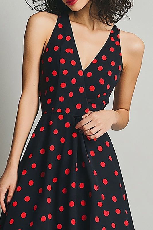 Satin V-Neck Black and Red A Line Maxi Polka Dot Dress