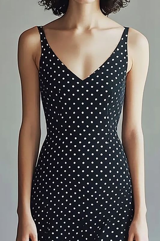 Chiffon Straps Black and White Maxi A Line Polka Dot Dress