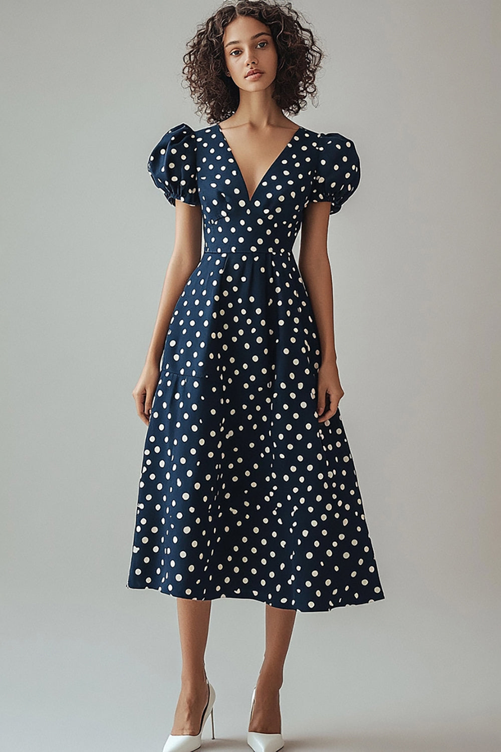 Zapakasa Women Navy and White Satin Boho Maxi Polka Dot Dress A Line V-Neck Summer Dress with Sleeves Zapakasa Women Navy and White Satin Boho Maxi Polka Dot Dress A Line V-Neck Summer Dress with Sleeves