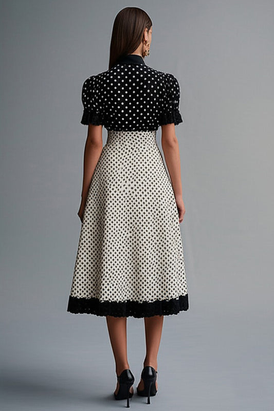 Chiffon Black and White Short Sleeves A Line Midi Polka Dot Dress with Ruffles