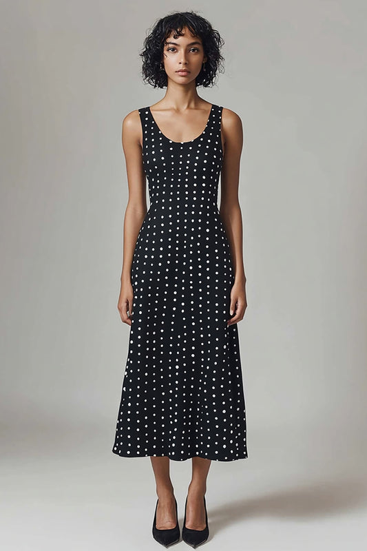 Black and White Chiffon Scoop Neck Maxi A Line Polka Dot Dress
