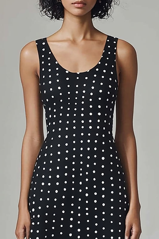 Black and White Chiffon Scoop Neck Maxi A Line Polka Dot Dress