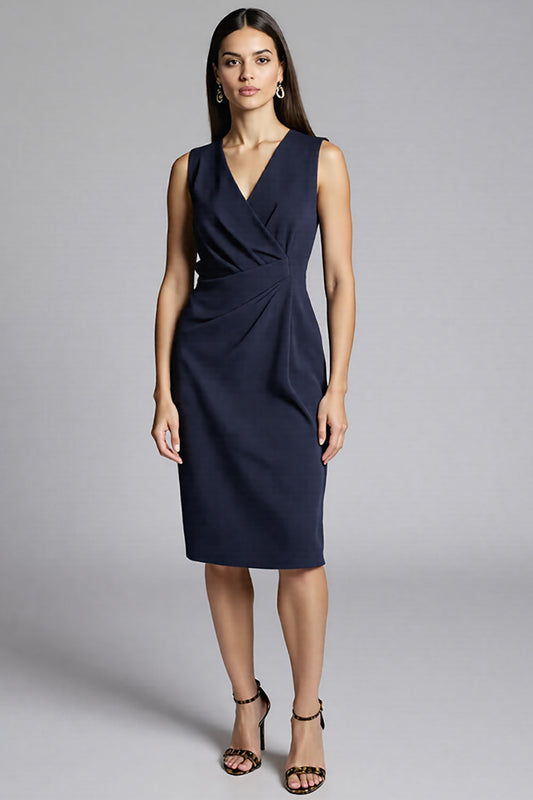 Navy Satin V-Neck Midi Bodycon Work Dress
