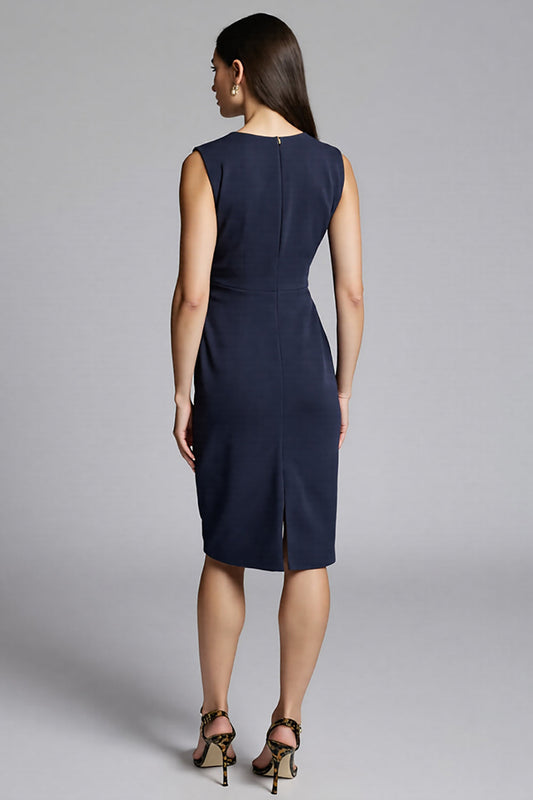 Navy Satin V-Neck Midi Bodycon Work Dress