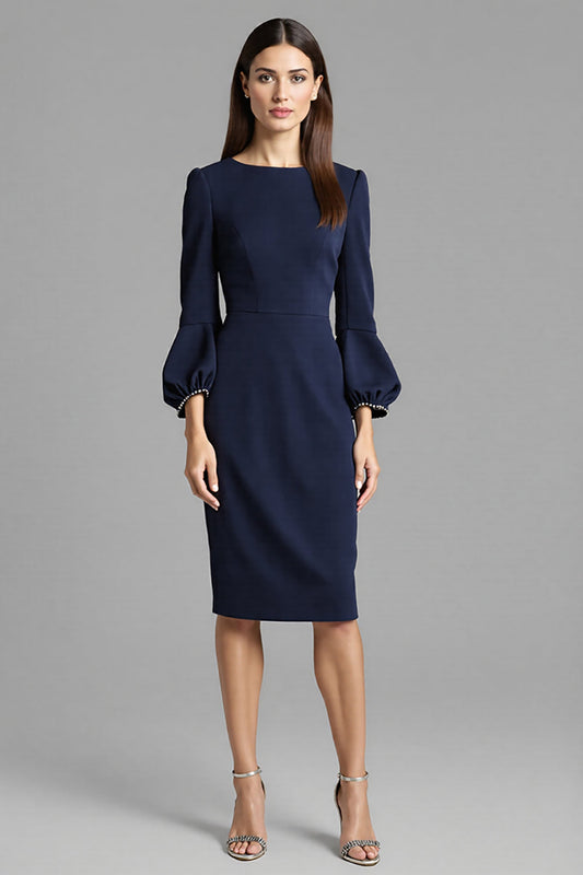 Navy Satin Bodycon Midi Bateau Neck Work Dress with Long Sleeves