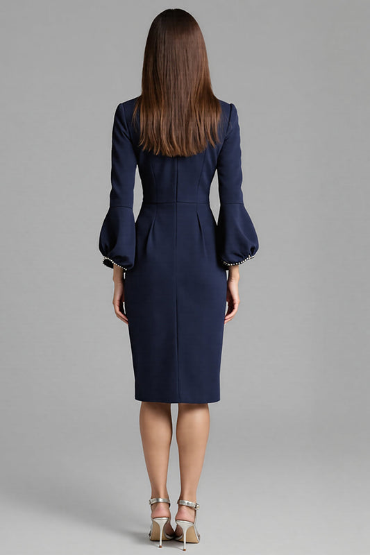 Navy Satin Bodycon Midi Bateau Neck Work Dress with Long Sleeves