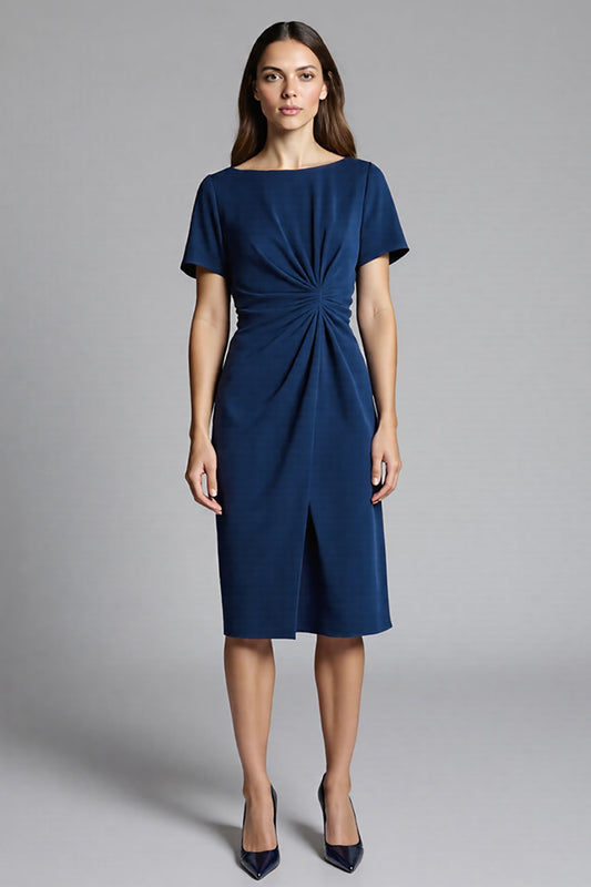 Navy Bodycon Ruched Midi Satin Work Dress with Short Sleeves