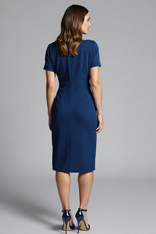 Navy Bodycon Ruched Midi Satin Work Dress with Short Sleeves