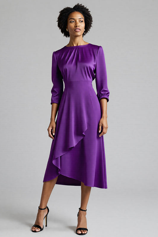 Plum Satin A Line Midi Ruched Work Dress with Half Sleeves