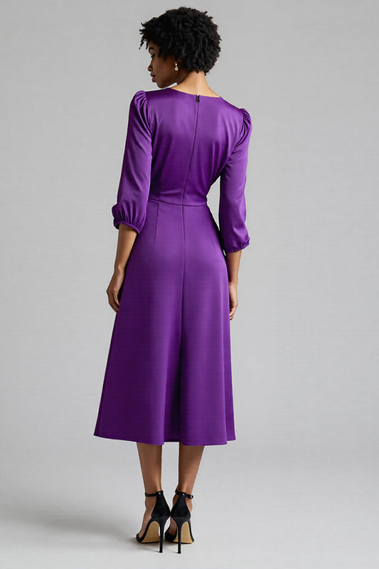 Plum Satin A Line Midi Ruched Work Dress with Half Sleeves