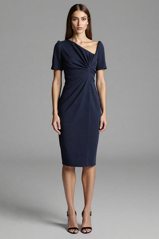 Navy Satin Bodycon Asymmetrical Neck Midi Work Dress with Sleeves