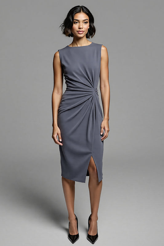 Grey Bodycon Satin Crew Neck Midi Ruched Work Dress with Slit