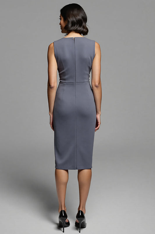 Grey Bodycon Satin Crew Neck Midi Ruched Work Dress with Slit
