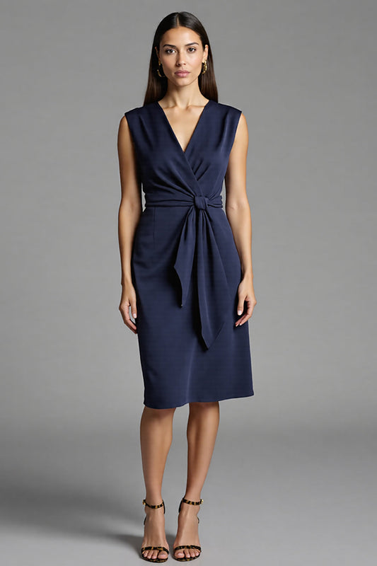 Navy Bodycon Satin V-Neck Ruched Midi Work Dress with Ruffles