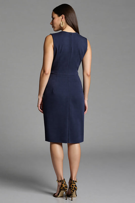 Navy Bodycon Satin V-Neck Ruched Midi Work Dress with Ruffles