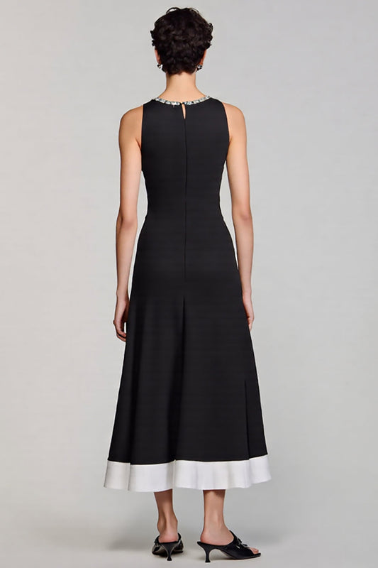 Black A Line Crew Neck Midi Satin Work Dress