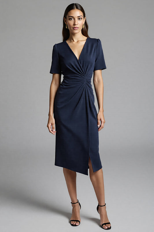 Navy Bodycon V-Neck Midi Satin Work Dress with Short Sleeves