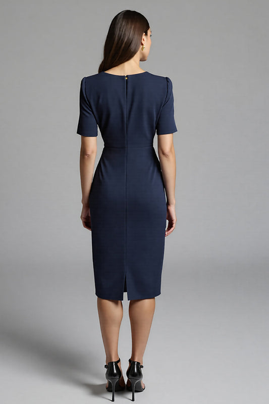 Navy Bodycon V-Neck Midi Satin Work Dress with Short Sleeves