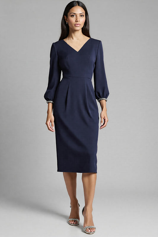 Navy Satin V-Neck Bodycon Midi Work Dress with Long Sleeves