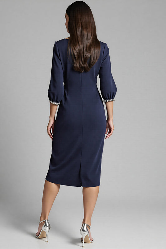 Navy Satin V-Neck Bodycon Midi Work Dress with Long Sleeves