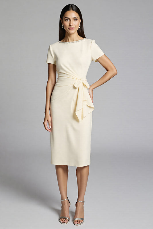 Beige Bodycon Midi Satin Work Dress with Short Sleeves