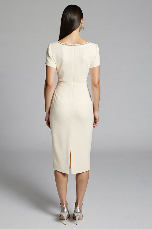 Beige Bodycon Midi Satin Work Dress with Short Sleeves