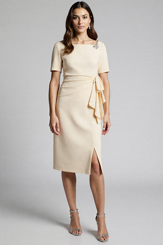 Champagne Bodycon Ruffled Midi Satin Work Dress with Short Sleeves