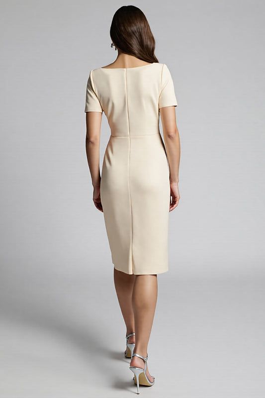 Champagne Bodycon Ruffled Midi Satin Work Dress with Short Sleeves