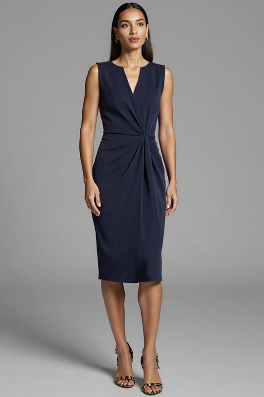 Navy Ruched Bodycon Satin Midi Work Dress