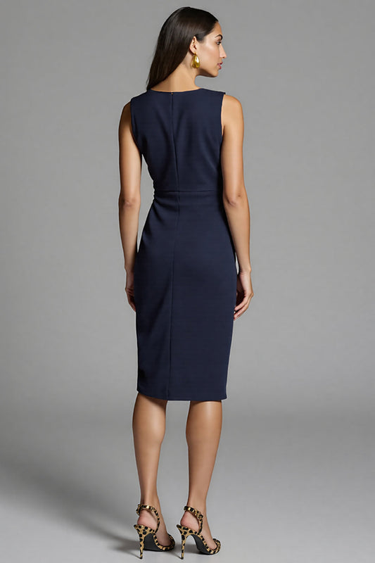 Navy Ruched Bodycon Satin Midi Work Dress