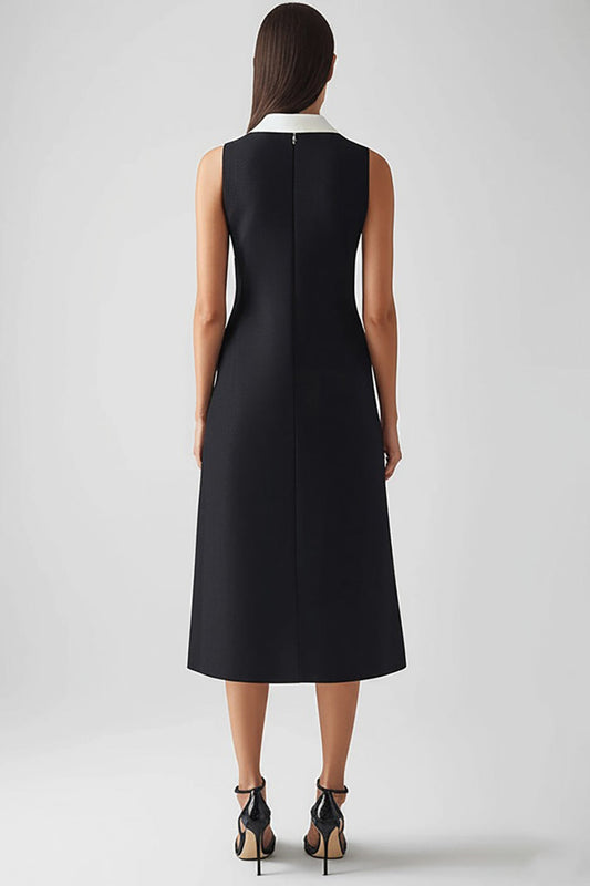 Black and White Satin Collar Neck Midi Sheath Work Dress