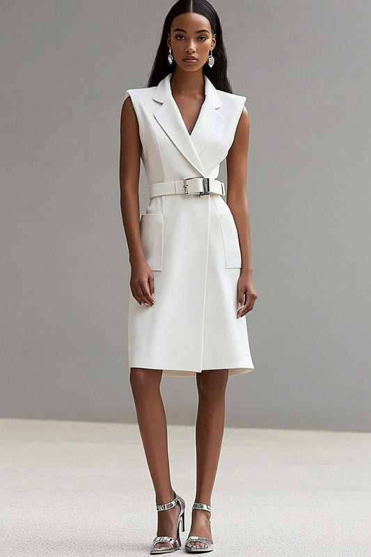Ivory Notched Lapel Short Satin Work Blazer Dress with Pockets