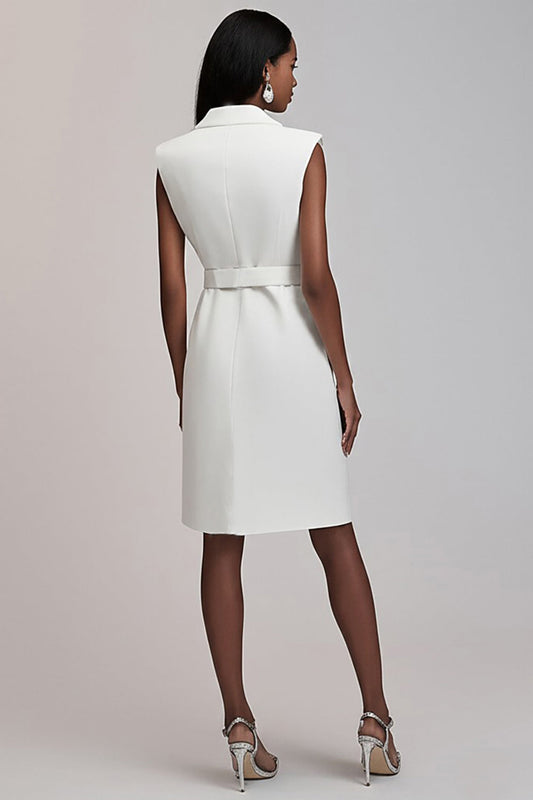 Ivory Notched Lapel Short Satin Work Blazer Dress with Pockets