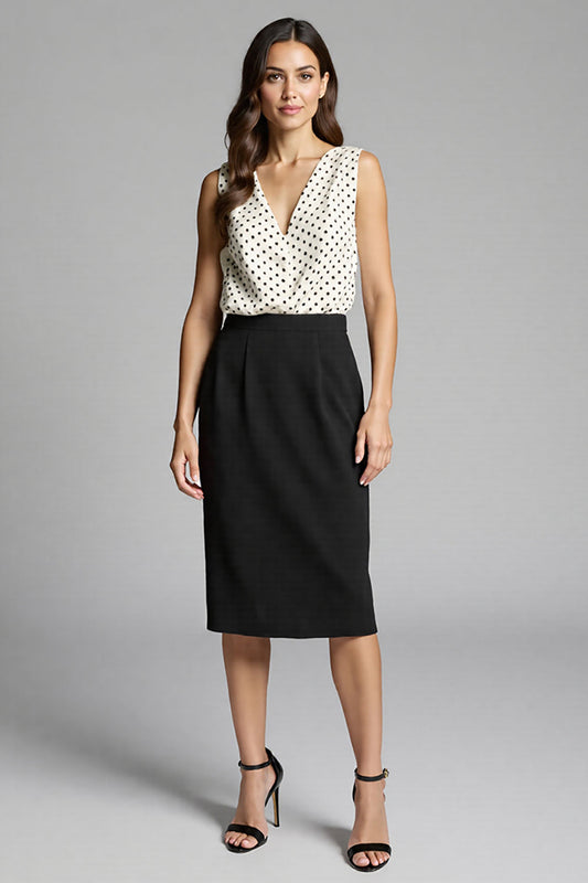 Black and White Satin Polka Dot Midi Bodycon Work Dress