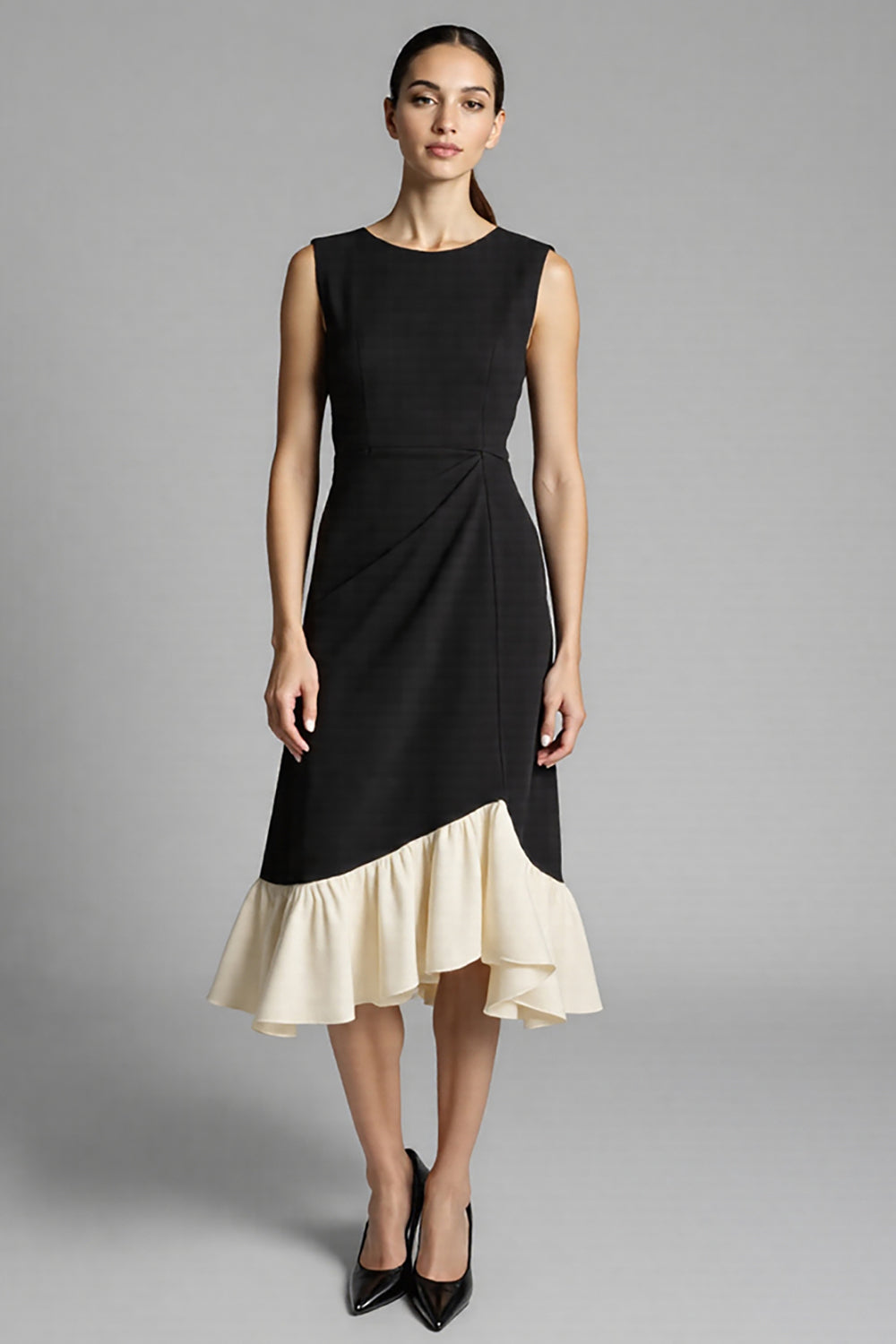 Zapaka Women Black Satin Work Dress Ruffled A Line Midi Jewel Neck Semi Formal Dress, Black / US4
