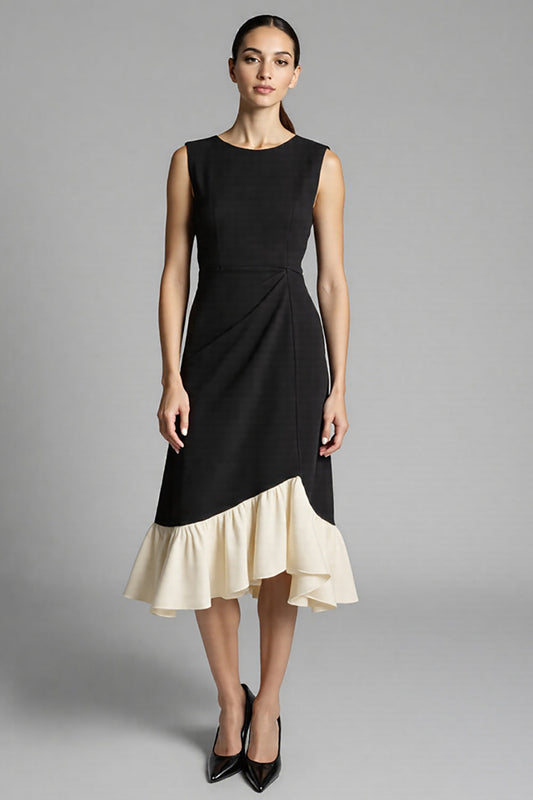 Black Satin A Line Midi Work Dress with Ruffles