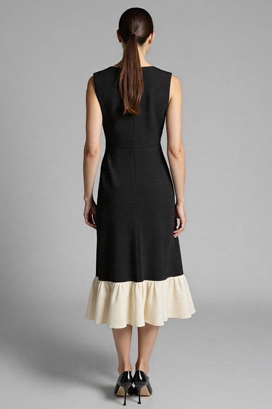 Black Satin A Line Midi Work Dress with Ruffles