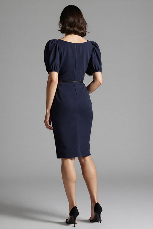 Navy Bodycon Satin Square Neck Midi Work Dress with Short Sleeves
