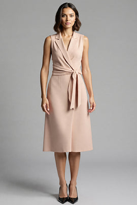 Champagne Satin Notched Lapel A Line Midi Work Dress with Ruffles