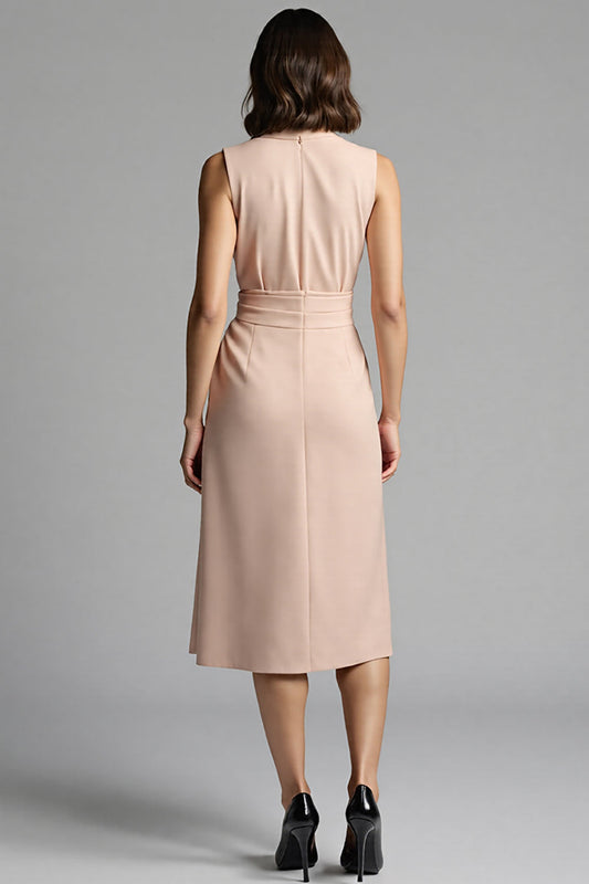 Champagne Satin Notched Lapel A Line Midi Work Dress with Ruffles