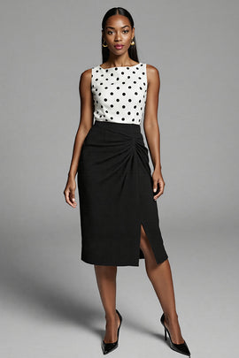 Black and White Satin Bodycon Polka Dots Midi Work Dress with Slit