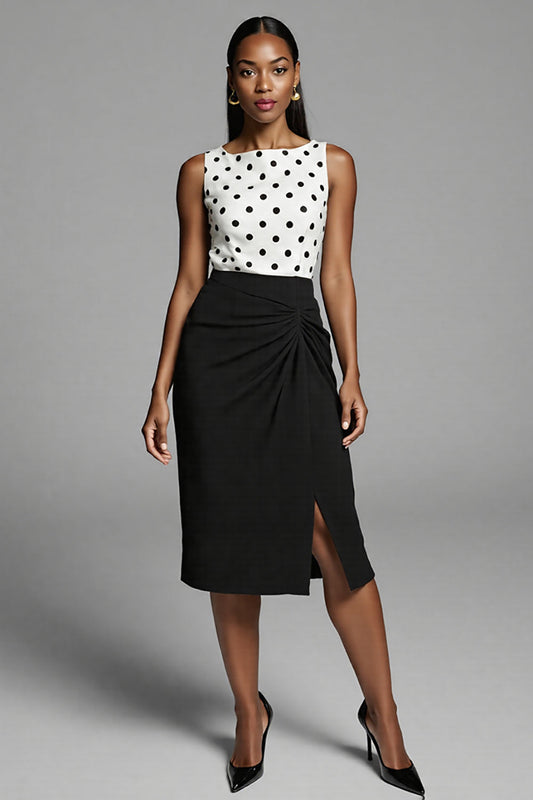 Black and White Satin Bodycon Polka Dots Midi Work Dress with Slit