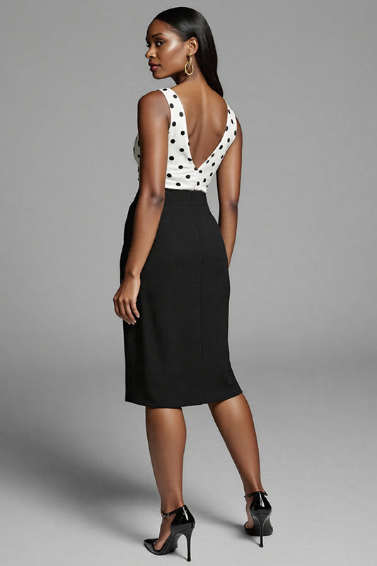 Black and White Satin Bodycon Polka Dots Midi Work Dress with Slit
