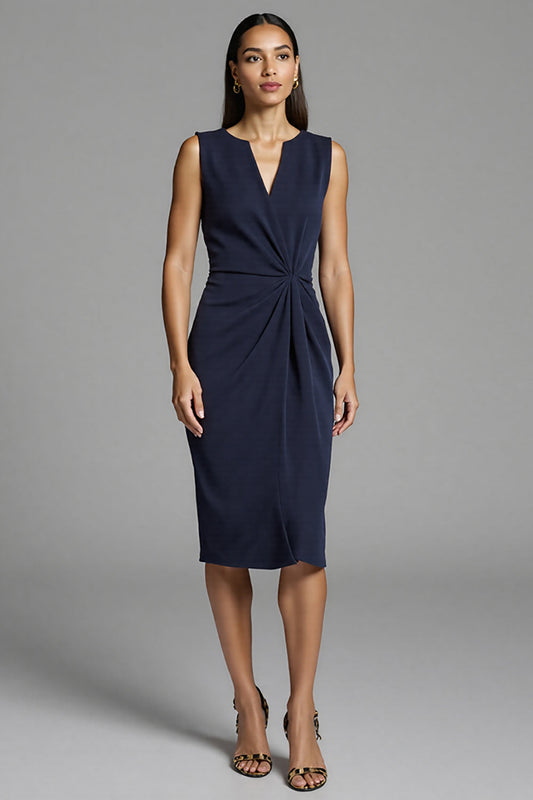 Navy Satin Ruched Midi Bodycon Work Dress